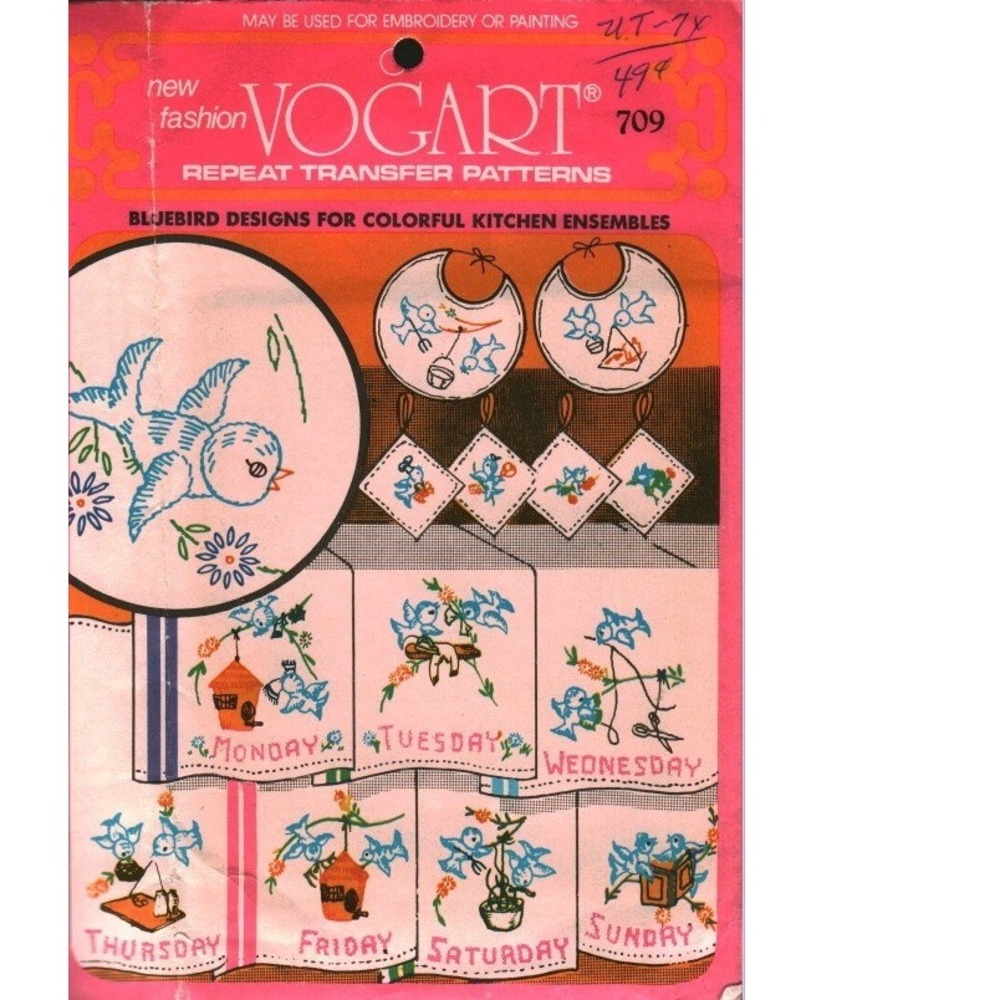 Vintage Vogart 709 Bluebird Repeat Transfer Patterns Kitchen Embroidery Towel
